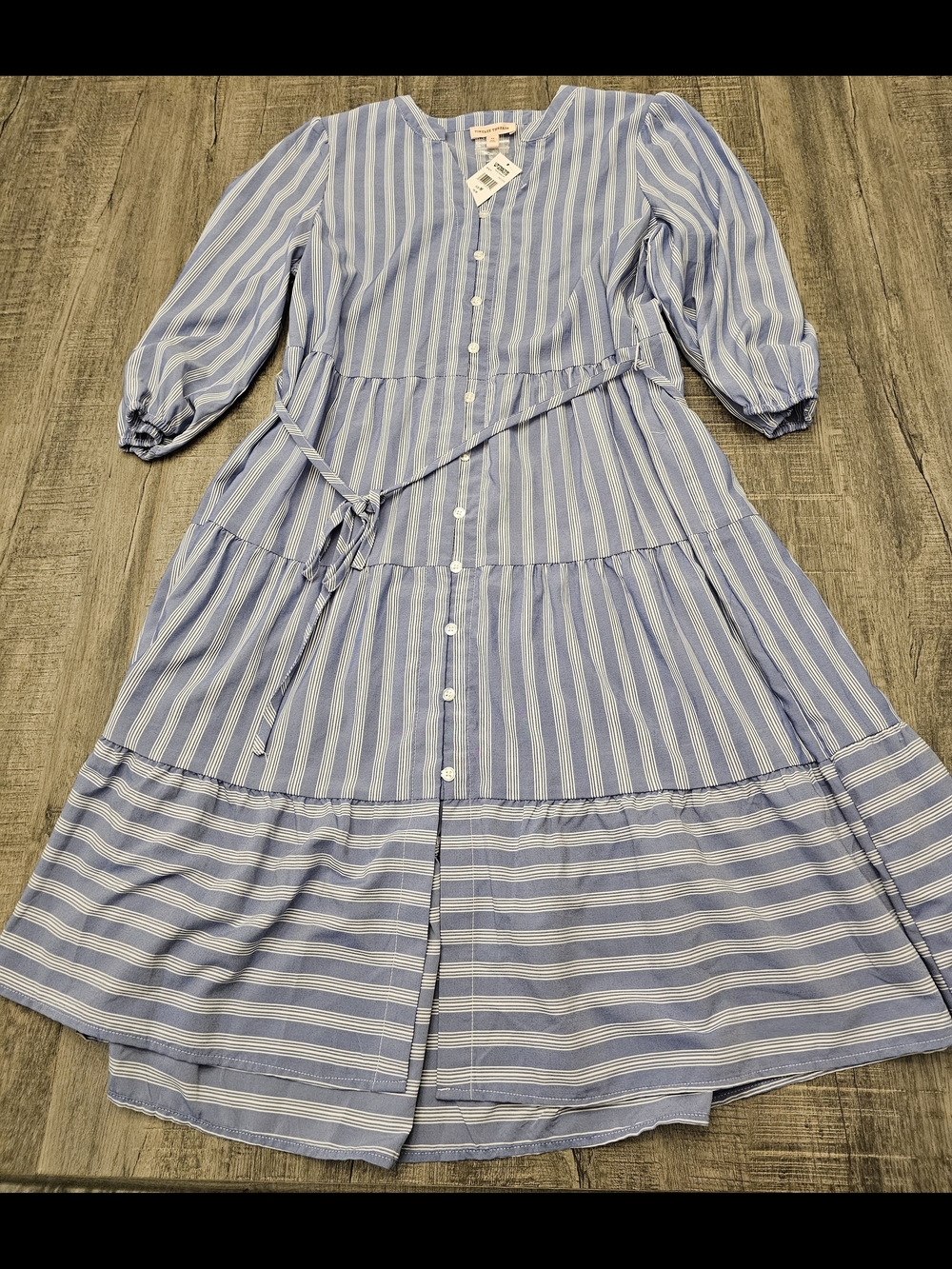 Blue and White Striped Long Sleeve Midi Dress with Tie Waist